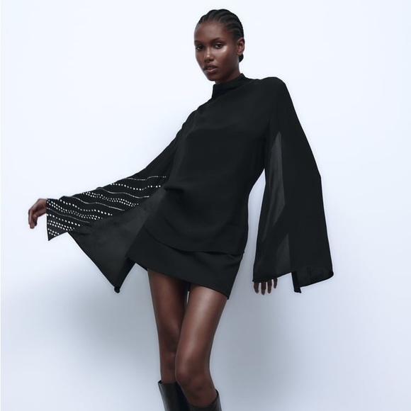 🆕ZARA Rhinestone Cape Sleeve Blouse - Picture 6 of 8